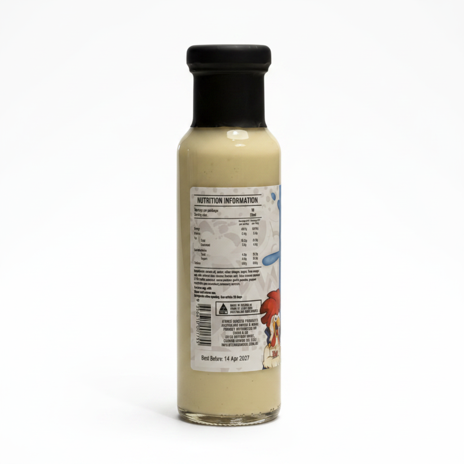 Bottle of blue cheese sauce with nutrition label and cartoon character on label