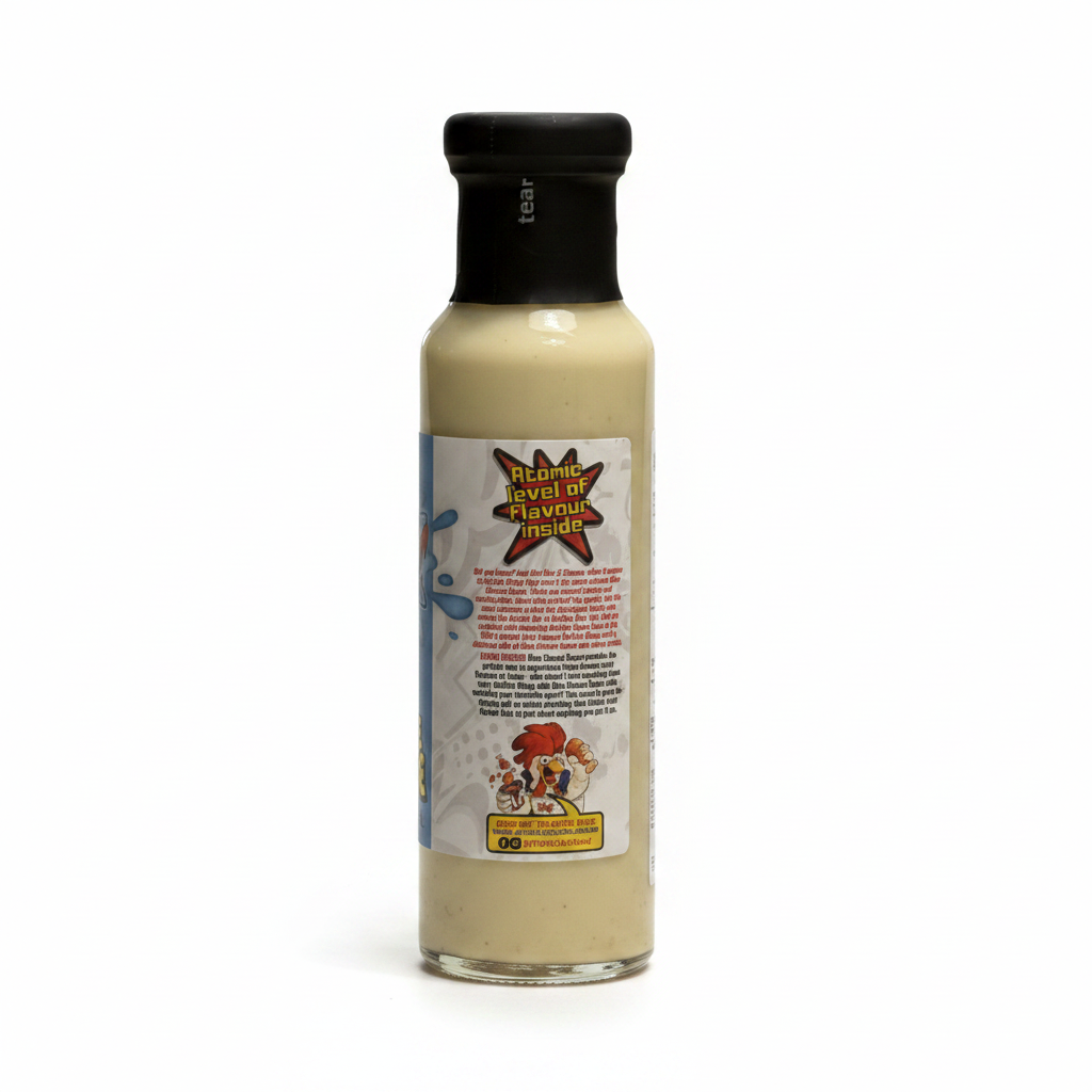 Bottle of blue cheese sauce with the story and service sugestion on the side