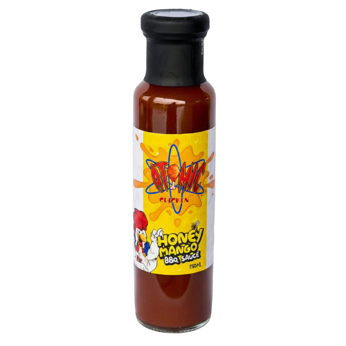 Bottle of Honey Mango BBQ Sauce with a colorful label on a white background