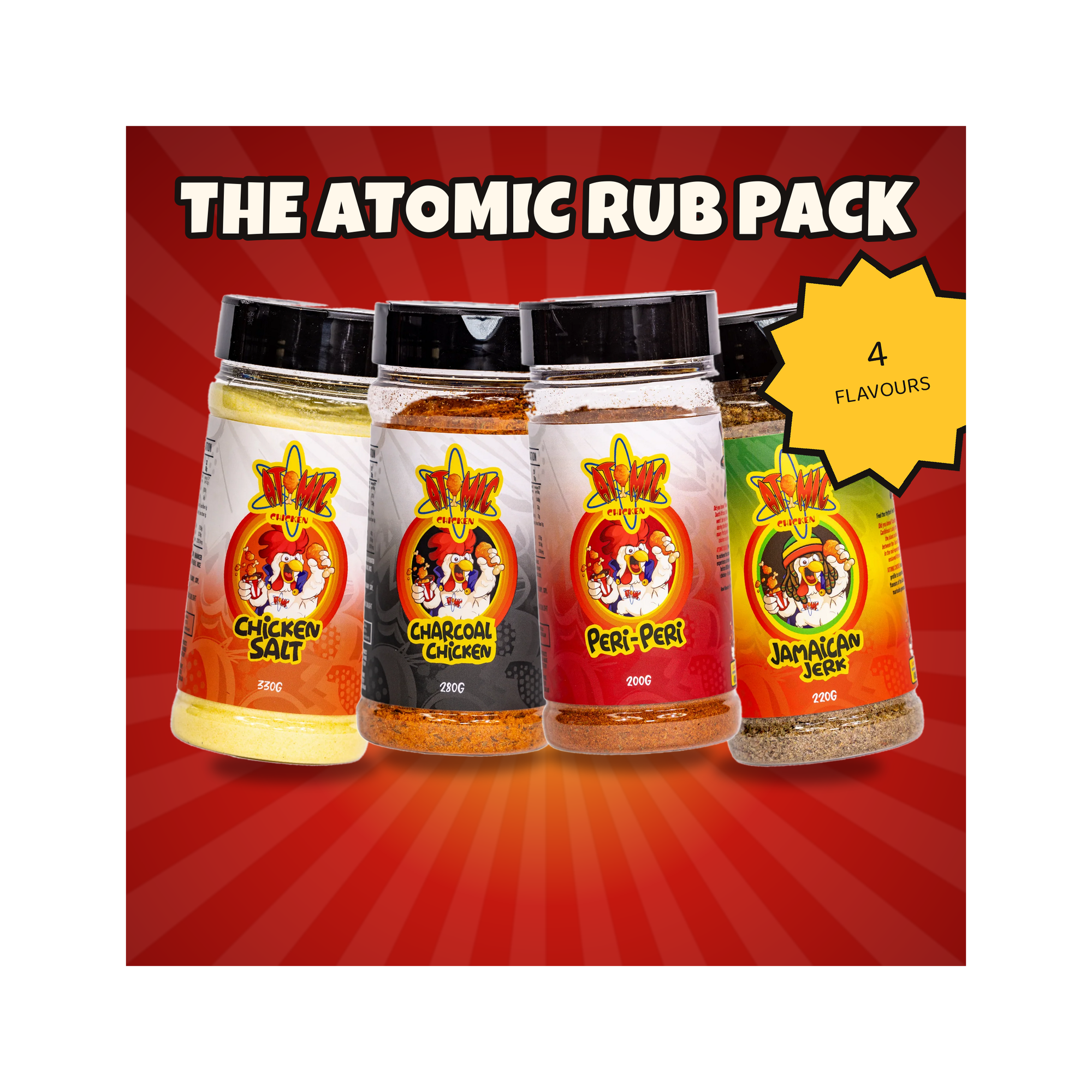 Four spice rub bottles labeled 'The Atomic Rub Pack' on a red sunburst background, with text reading 'THE ATOMIC RUB PACK' and a yellow starburst saying '4 FLAVOURS.'.